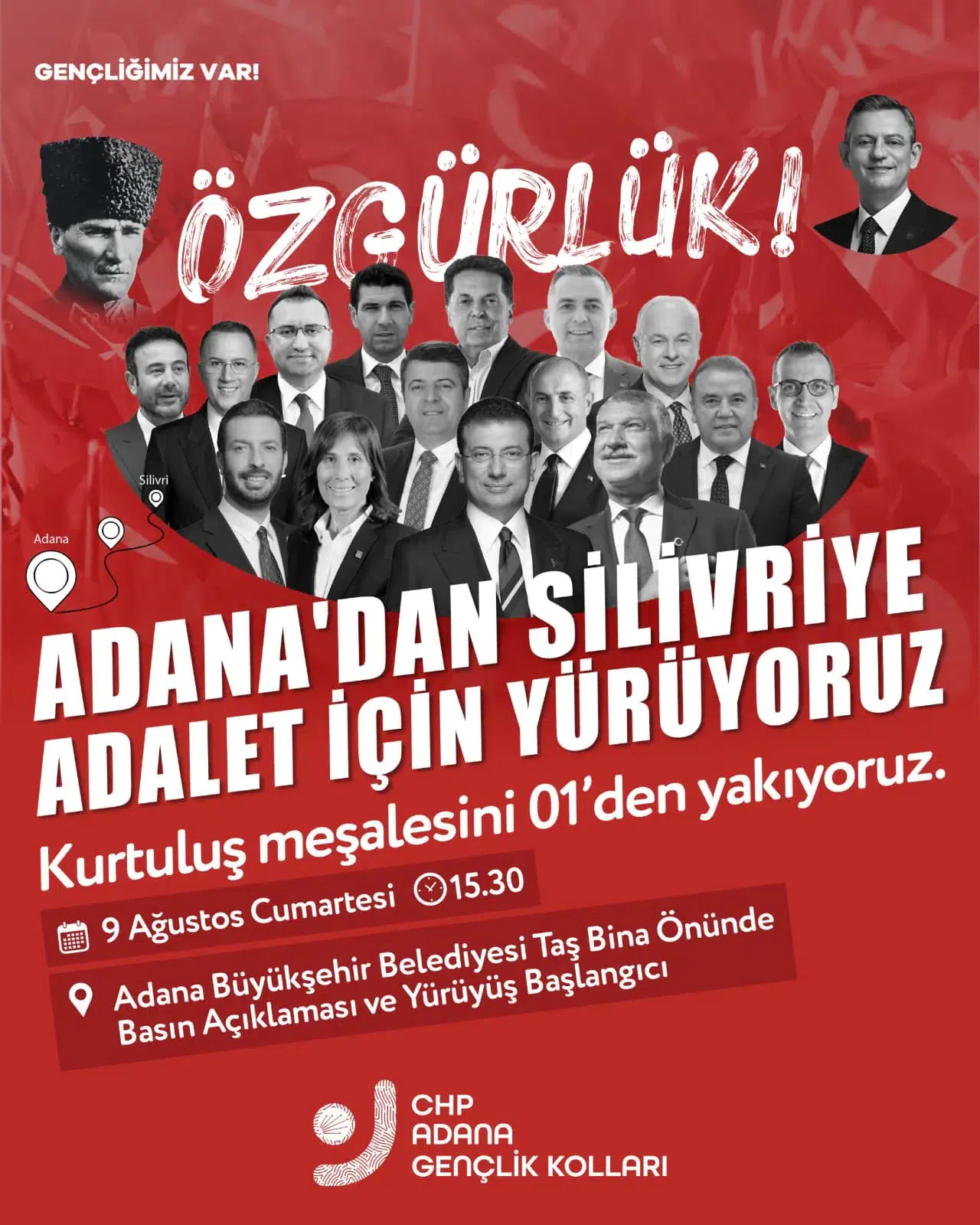 CHP Adana Gençlik Örgütü’nden Adalet İçin “Özgürlük Yürüyüşü”: Silivri’ye Gidiş Başlıyor