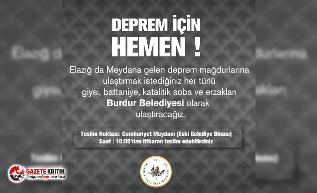 Burdur Belediyesi'nden deprem için yardım kampanyası!