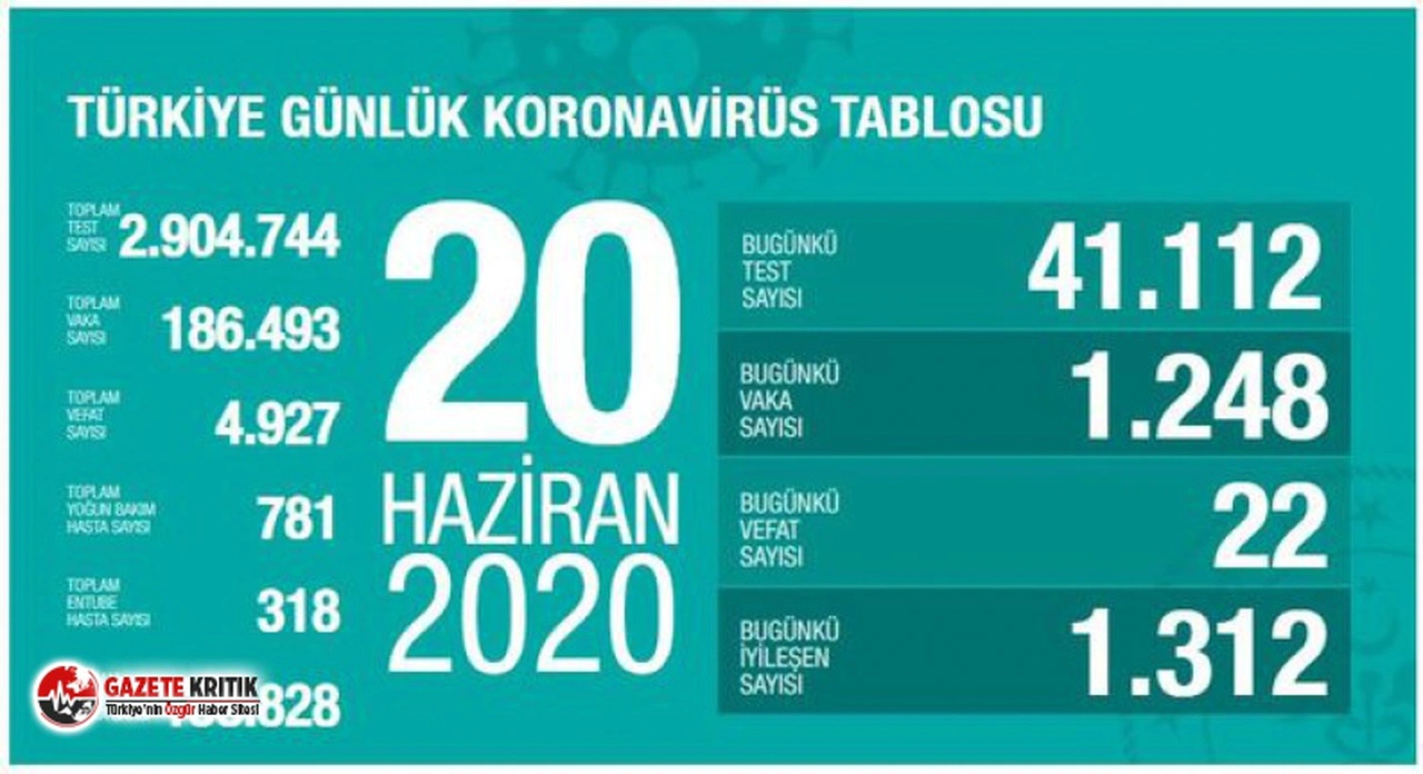 20 Haziran koronavirüs tablosu: 1248 kişiye Kovid-19 tanısı konuldu, 22 kişi hayatını kaybetti