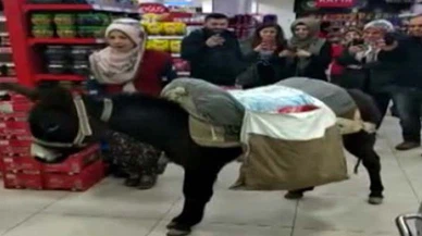 Ülkeden insan manzaraları:Poşet parası vermemek için markete eşekle geldi